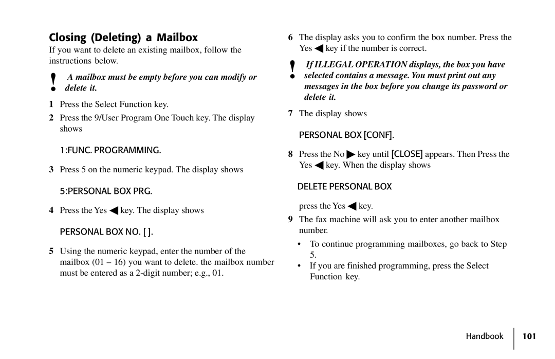 Samsung 5400 manual Closing Deleting a Mailbox, Delete Personal BOX 