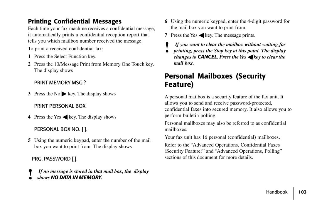 Samsung 5400 Personal Mailboxes Security Feature, Printing Confidential Messages, Print Memory MSG.?, Print Personal BOX 