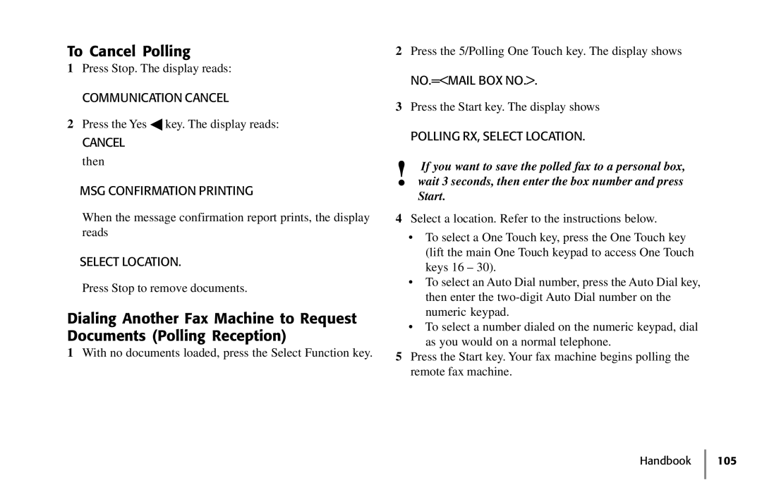 Samsung 5400 manual To Cancel Polling, MSG Confirmation Printing, NO.=MAIL BOX no, Polling RX, Select Location 