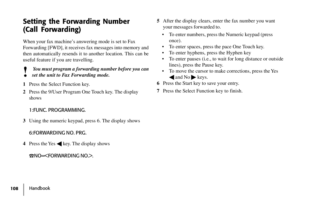 Samsung 5400 manual Setting the Forwarding Number Call Forwarding, 6FORWARDING NO. PRG, NO=FORWARDING no 