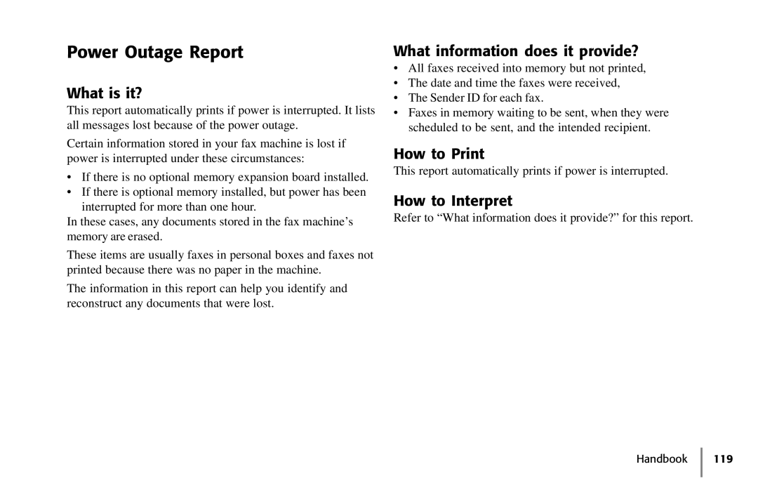 Samsung 5400 manual Power Outage Report 