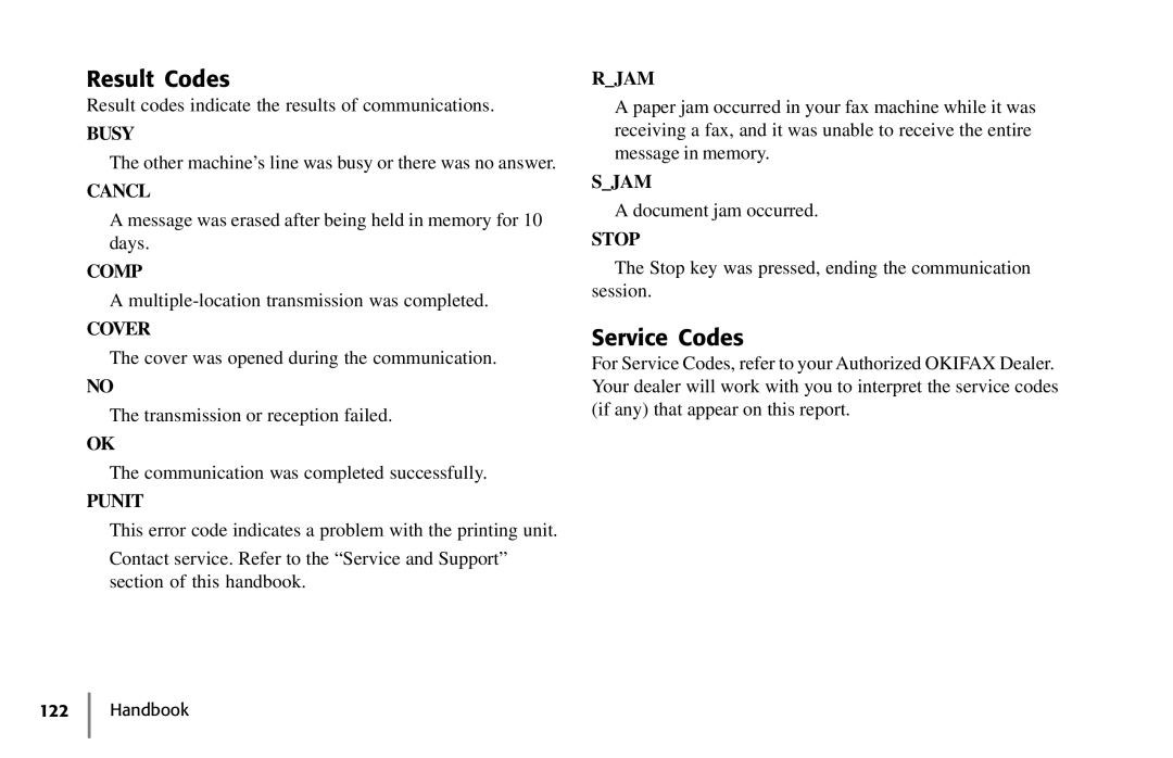 Samsung 5400 manual Result Codes, Service Codes 