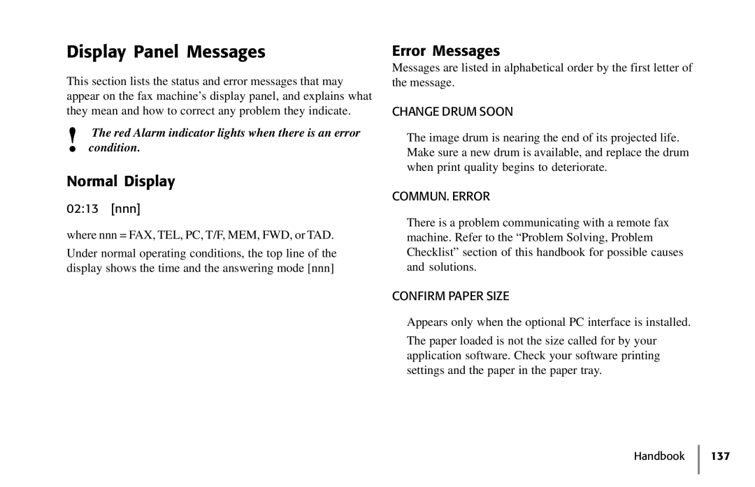 Samsung 5400 manual Display Panel Messages, Normal Display, Error Messages, Change Drum Soon, Confirm Paper Size 