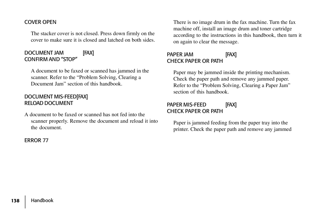 Samsung 5400 manual Cover Open, Document JAM, Confirm and Stop, Document MIS-FEEDFAX Reload Document, Error, Paper JAM 