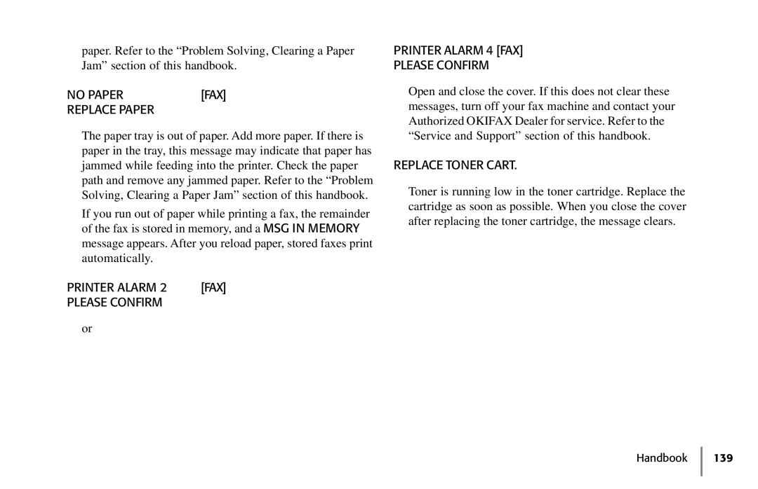 Samsung 5400 manual No Paper, Replace Paper, Please Confirm Printer Alarm 4 FAX, Replace Toner Cart 