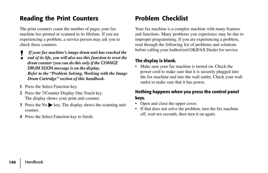 Samsung 5400 manual Reading the Print Counters, Problem Checklist, Display is blank 