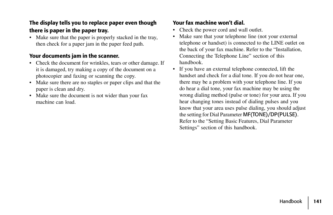 Samsung 5400 manual Your documents jam in the scanner, Your fax machine won’t dial 