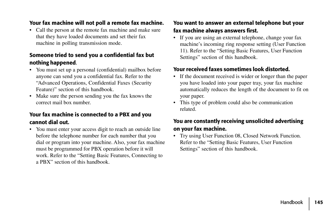 Samsung 5400 manual Your fax machine will not poll a remote fax machine, Your received faxes sometimes look distorted 