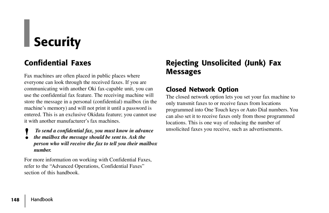 Samsung 5400 manual Security, Confidential Faxes, Rejecting Unsolicited Junk Fax Messages, Closed Network Option 