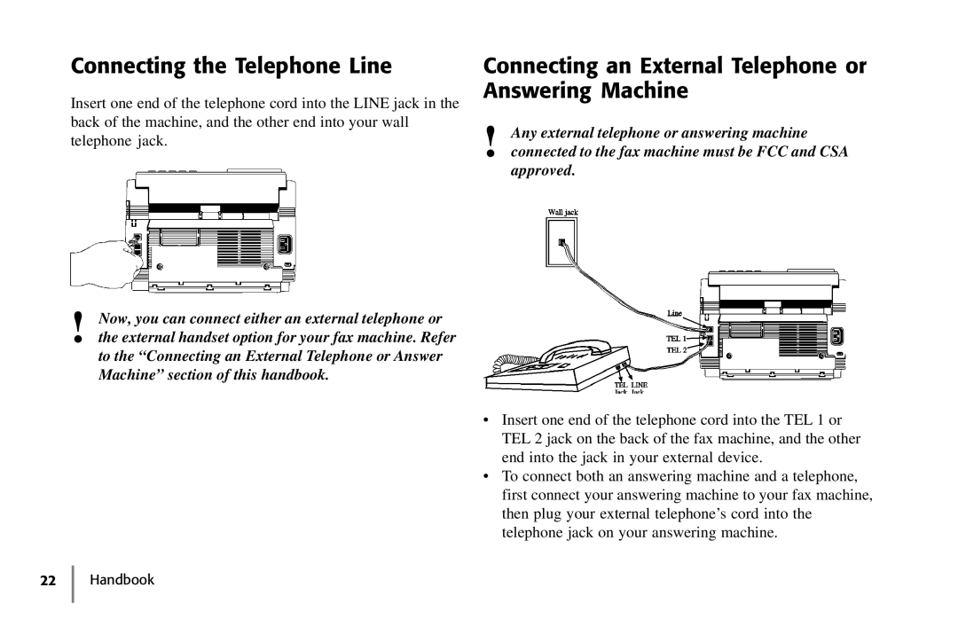 Samsung 5400 manual Connecting the Telephone Line, Connecting an External Telephone or Answering Machine 