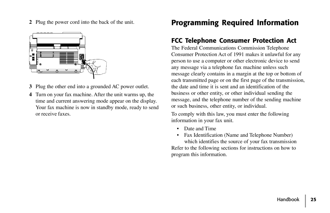 Samsung 5400 manual Programming Required Information, FCC Telephone Consumer Protection Act 