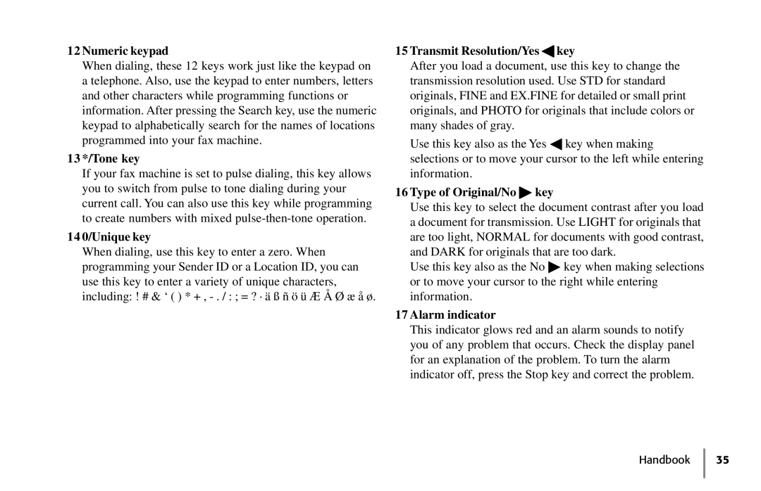 Samsung 5400 manual 13 */Tone key, 14 0/Unique key, Transmit Resolution/Yes key, Type of Original/No key, Alarm indicator 