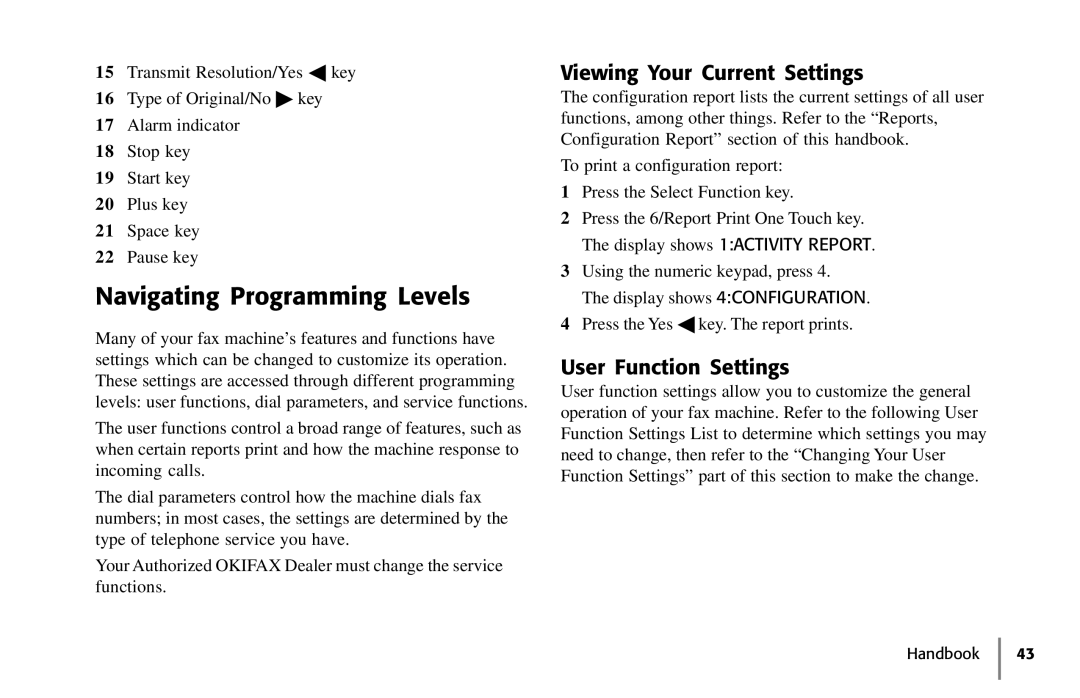 Samsung 5400 manual Navigating Programming Levels, Viewing Your Current Settings, User Function Settings 