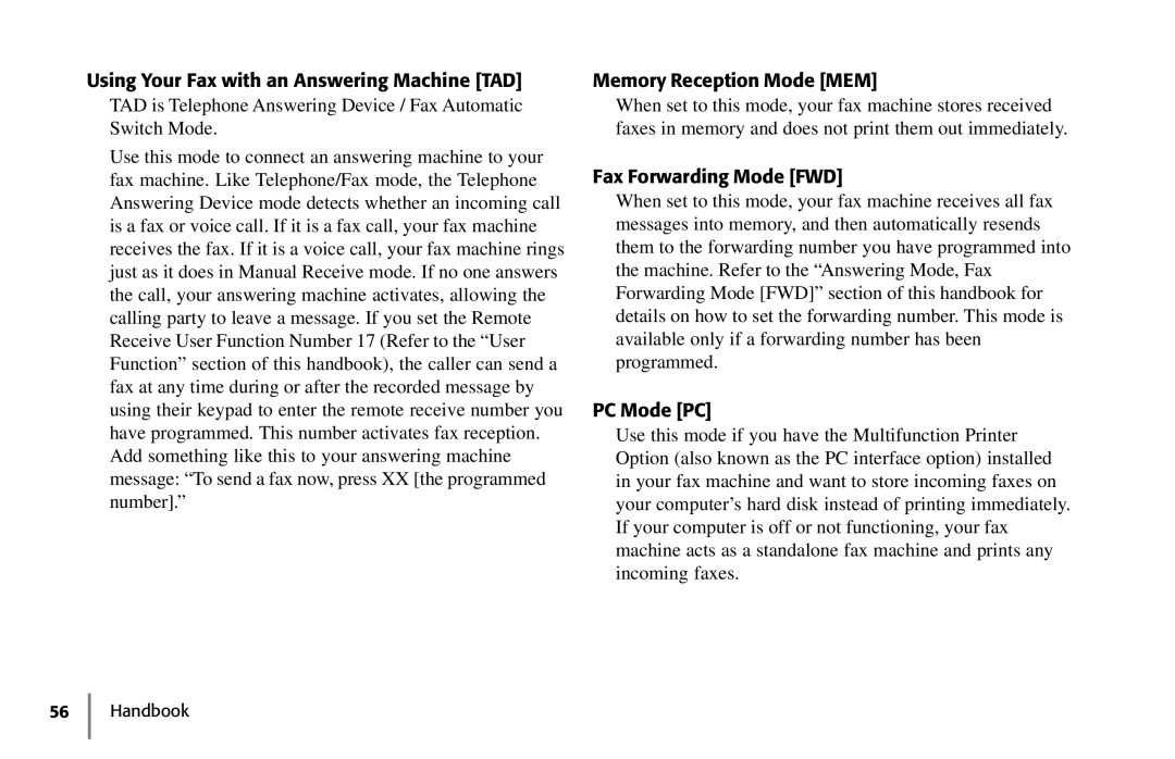 Samsung 5400 Using Your Fax with an Answering Machine TAD, Memory Reception Mode MEM, Fax Forwarding Mode FWD, PC Mode PC 