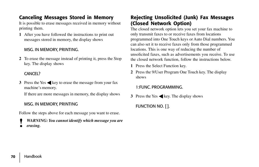 Samsung 5400 manual Canceling Messages Stored in Memory, MSG. in MEMORY, Printing, Cancel? 