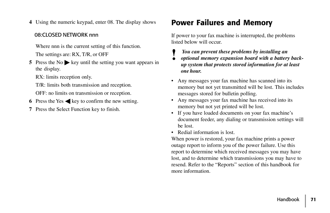 Samsung 5400 manual Power Failures and Memory, 08CLOSED Network nnn 