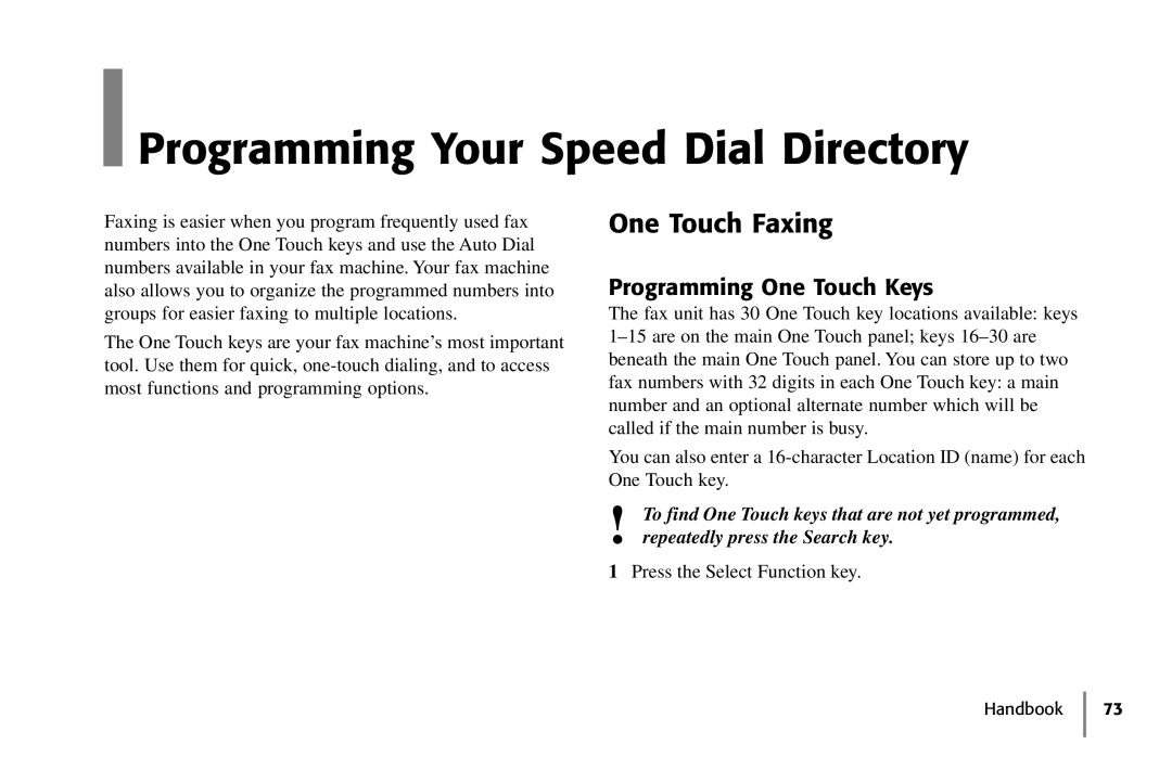 Samsung 5400 manual Programming Your Speed Dial Directory, One Touch Faxing, Programming One Touch Keys 