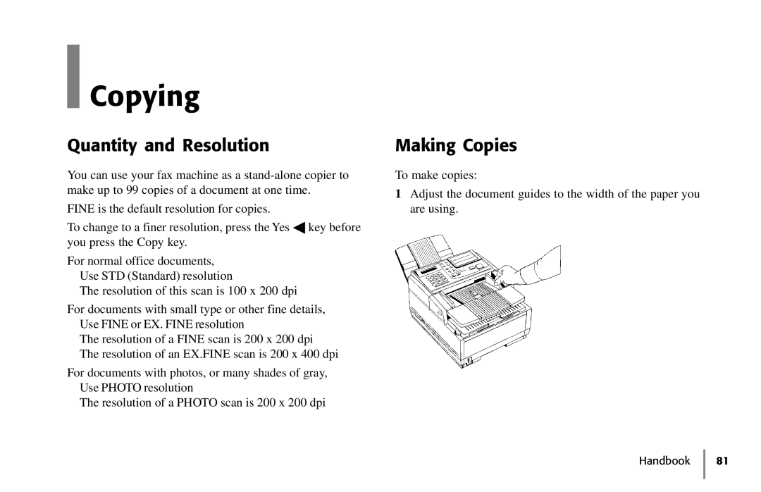 Samsung 5400 manual Copying, Quantity and Resolution, Making Copies 