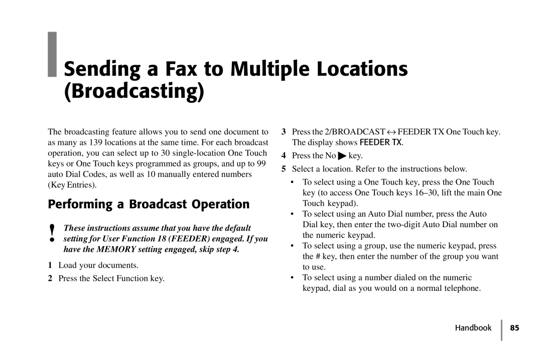 Samsung 5400 manual Sending a Fax to Multiple Locations Broadcasting, Performing a Broadcast Operation 