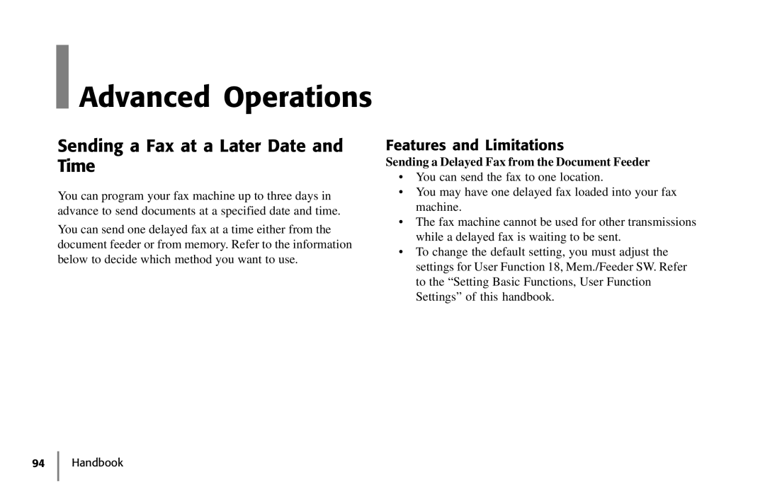 Samsung 5400 manual Advanced Operations, Sending a Fax at a Later Date and Time, Features and Limitations 