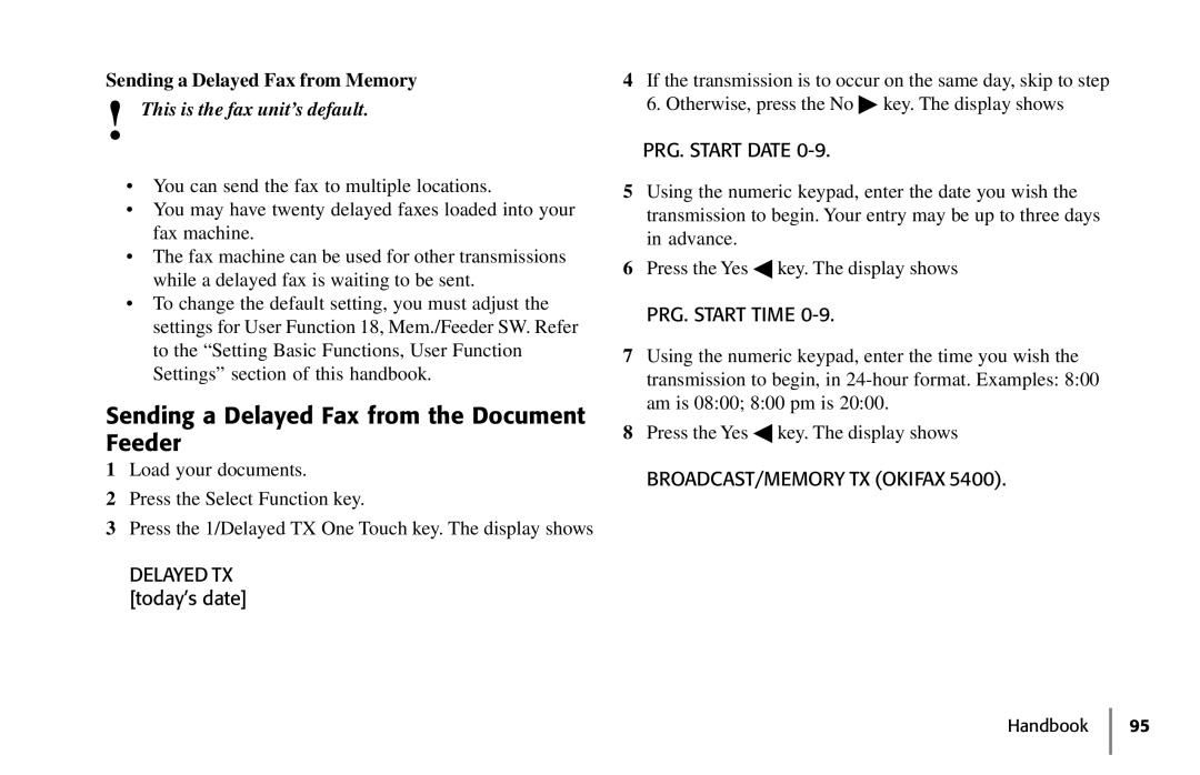 Samsung 5400 manual Sending a Delayed Fax from the Document Feeder, Sending a Delayed Fax from Memory, PRG. Start Date 