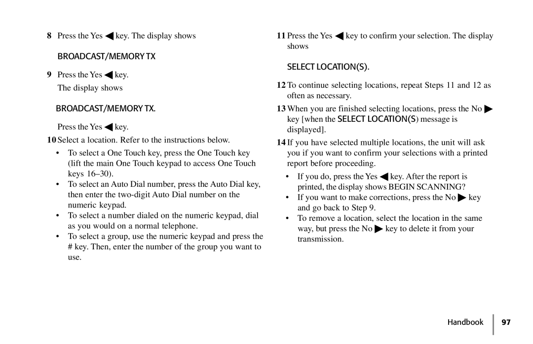 Samsung 5400 manual Broadcast/Memory Tx, Select Locations 