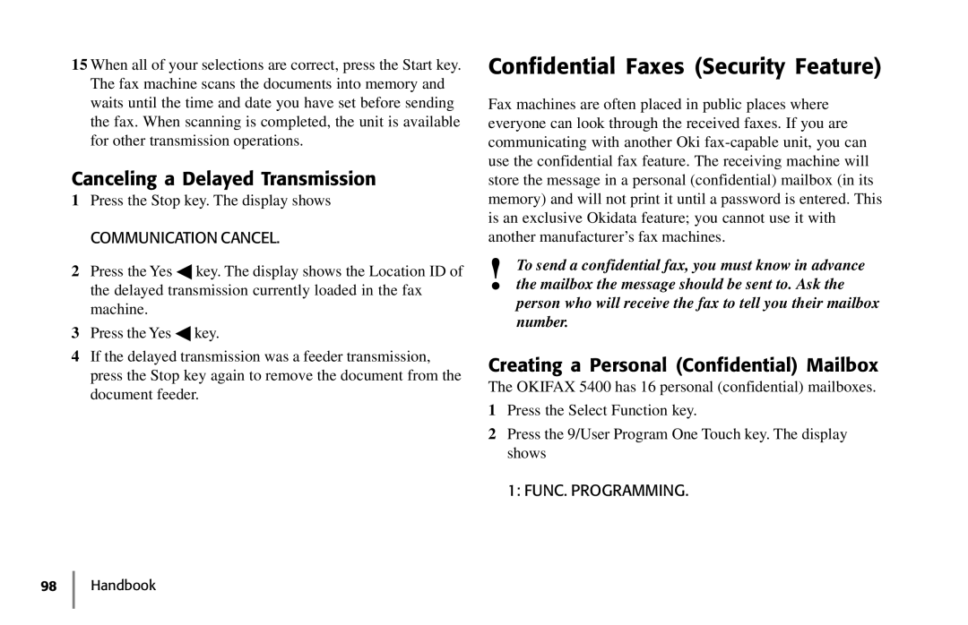 Samsung 5400 manual Confidential Faxes Security Feature, Canceling a Delayed Transmission, Communication Cancel 