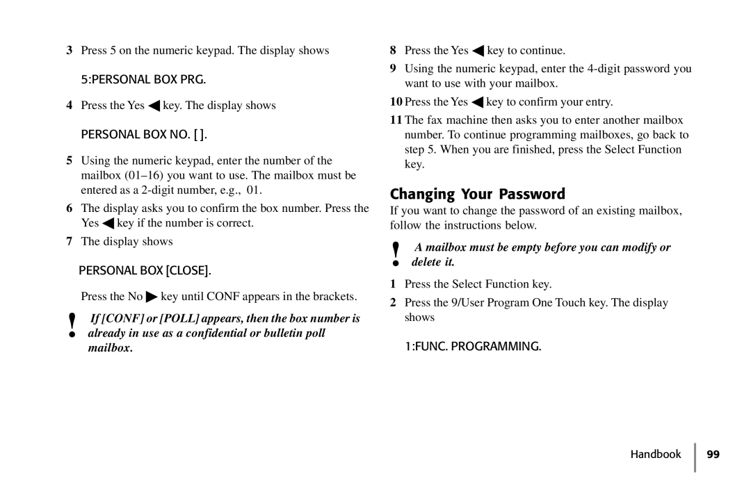 Samsung 5400 manual Changing Your Password, 5PERSONAL BOX PRG, Personal BOX no, Personal BOX Close 