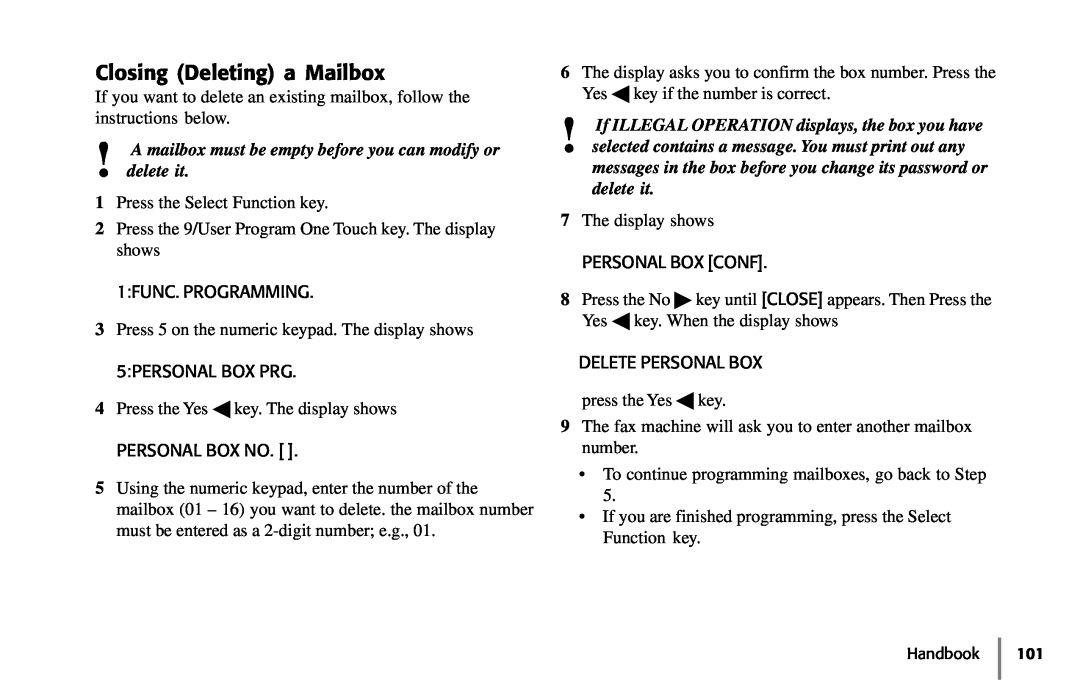 Samsung 5400 manual Closing Deleting a Mailbox, A mailbox must be empty before you can modify or delete it 