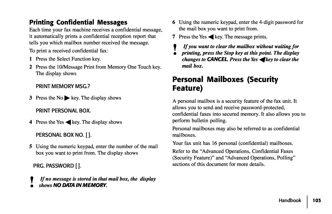 Samsung 5400 manual Personal Mailboxes Security Feature, Printing Confidential Messages, mail box 