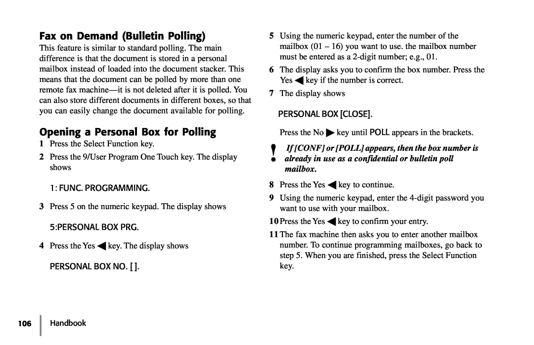 Samsung 5400 manual Fax on Demand Bulletin Polling, Opening a Personal Box for Polling, mailbox, Handbook 