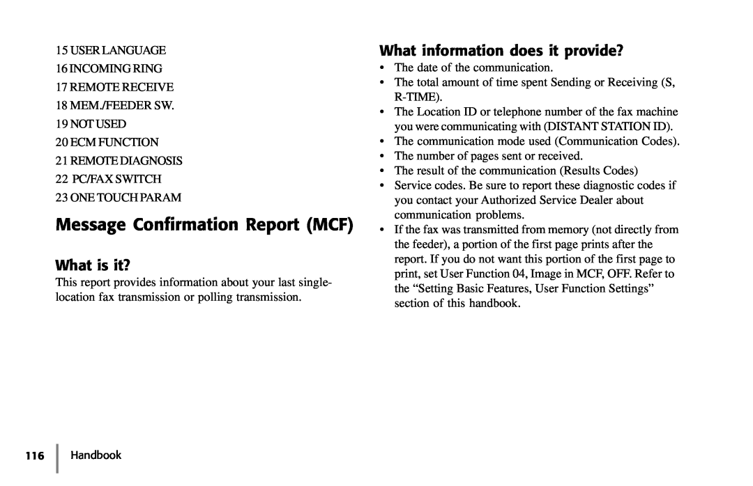 Samsung 5400 manual Message Confirmation Report MCF, What is it?, What information does it provide?, Handbook 