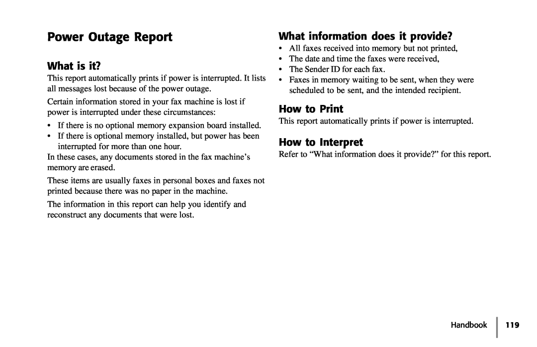 Samsung 5400 manual Power Outage Report, What is it?, What information does it provide?, How to Print, How to Interpret 