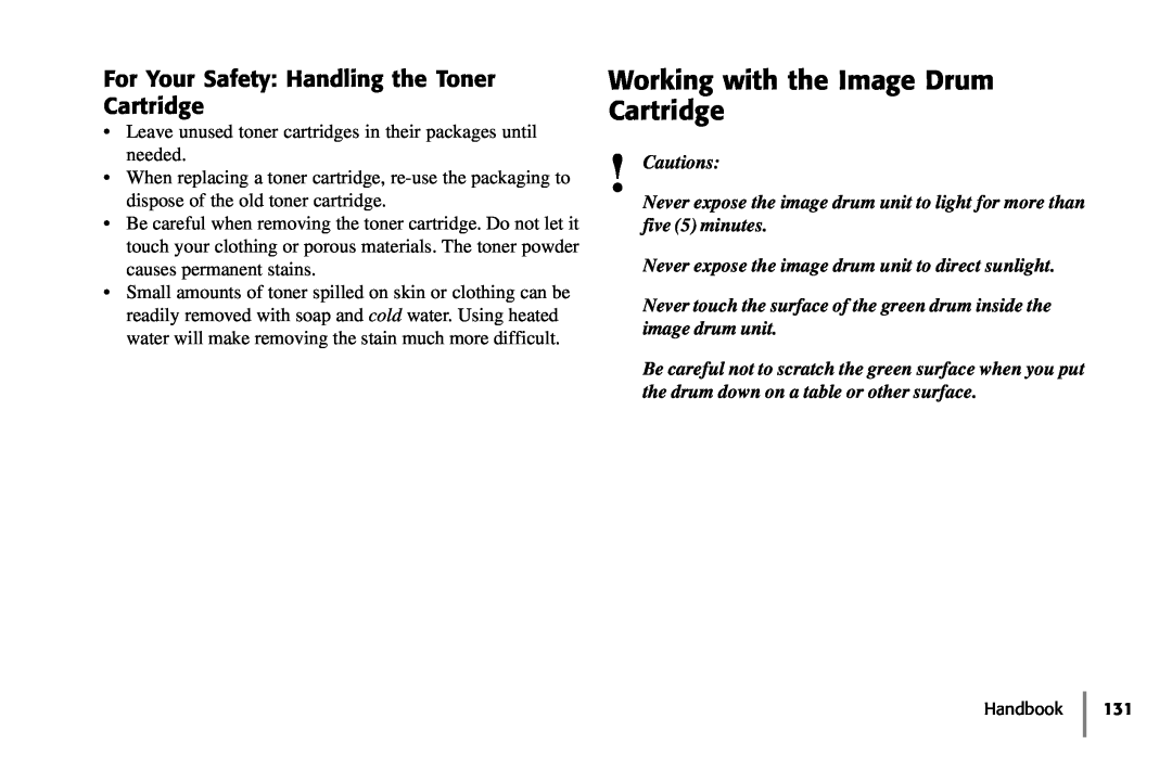 Samsung 5400 manual Working with the Image Drum Cartridge, For Your Safety Handling the Toner Cartridge, Cautions 