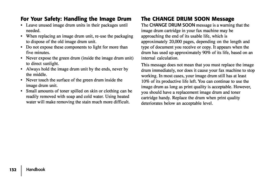 Samsung 5400 manual For Your Safety Handling the Image Drum, The CHANGE DRUM SOON Message, Handbook 