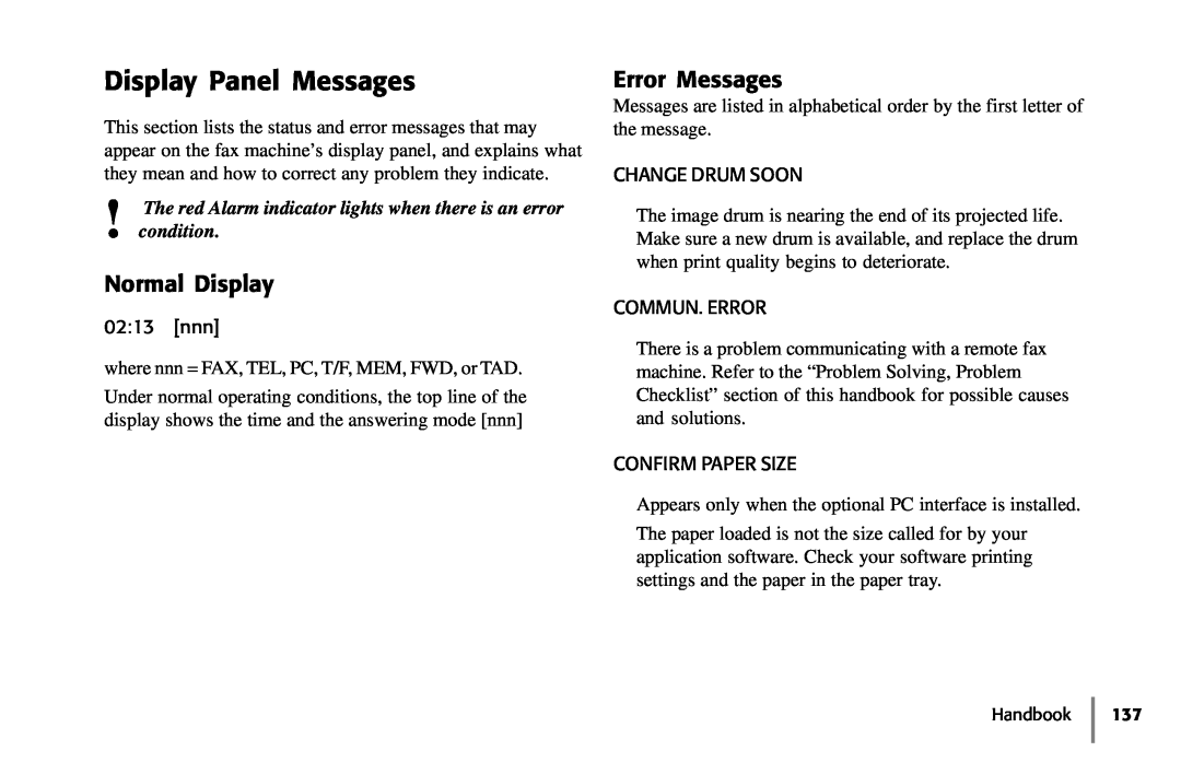 Samsung 5400 manual Display Panel Messages, Normal Display, Error Messages 
