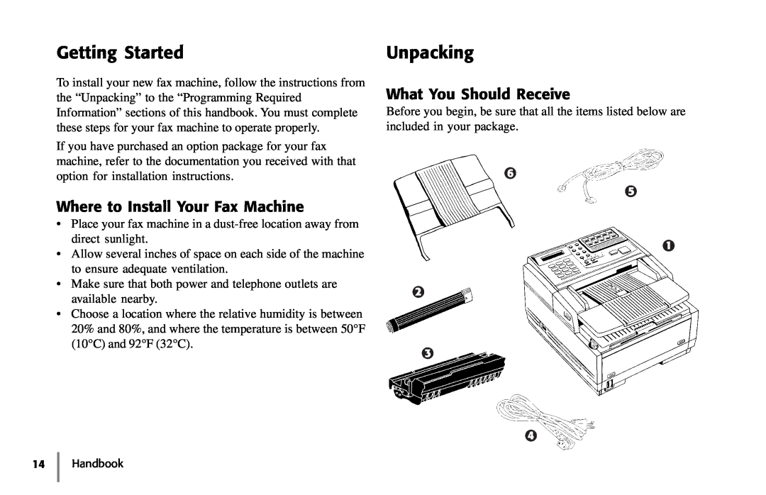 Samsung 5400 manual Getting Started, Unpacking, Where to Install Your Fax Machine, What You Should Receive 