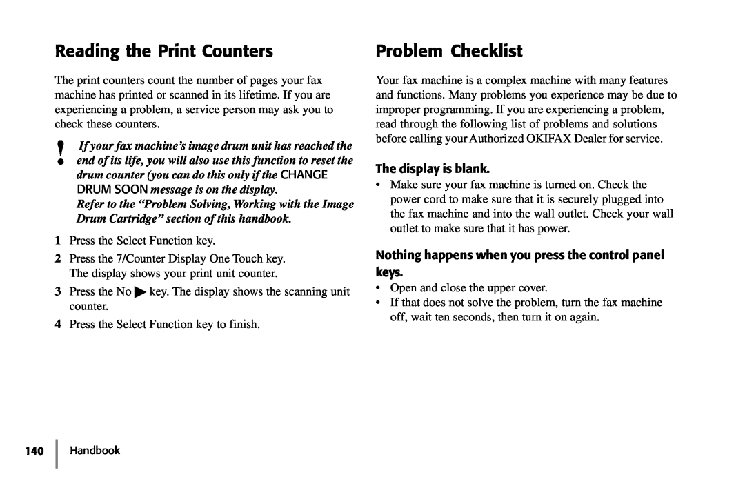 Samsung 5400 manual Reading the Print Counters, Problem Checklist, The display is blank 