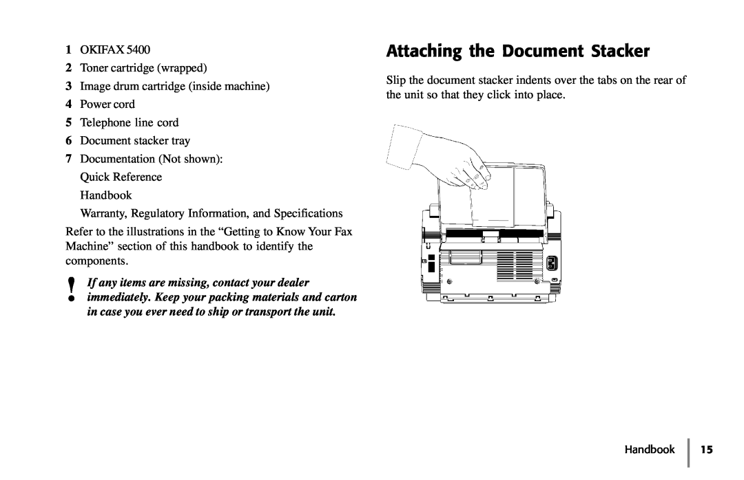 Samsung 5400 manual Attaching the Document Stacker, in case you ever need to ship or transport the unit 