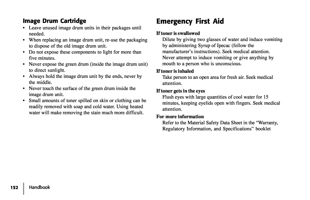 Samsung 5400 Emergency First Aid, Image Drum Cartridge, If toner is swallowed, If toner is inhaled, For more information 