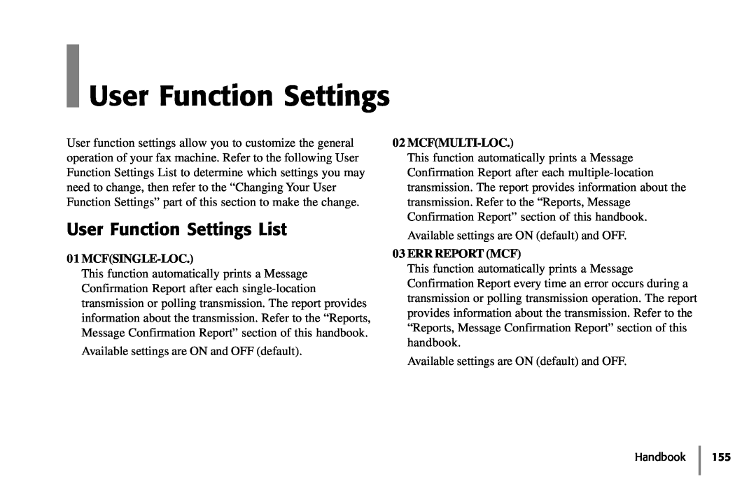 Samsung 5400 manual User Function Settings List, Mcfsingle-Loc, Mcfmulti-Loc, Err Report Mcf 