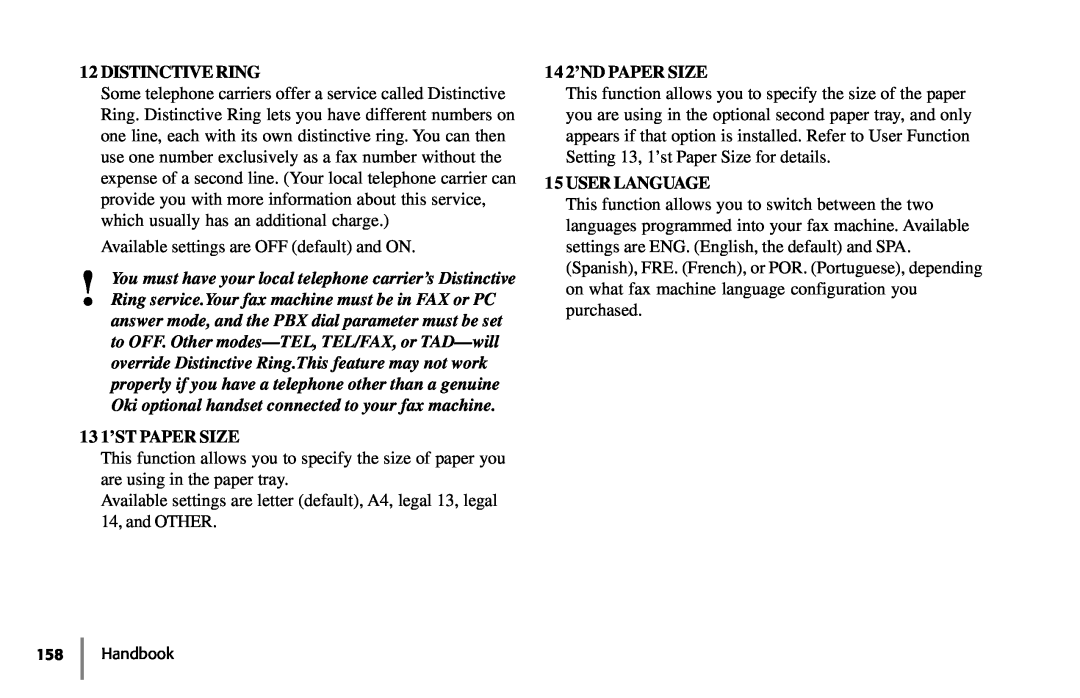 Samsung 5400 manual Distinctive Ring, 13 1’ST PAPER SIZE, 14 2’ND PAPER SIZE, User Language, Handbook 