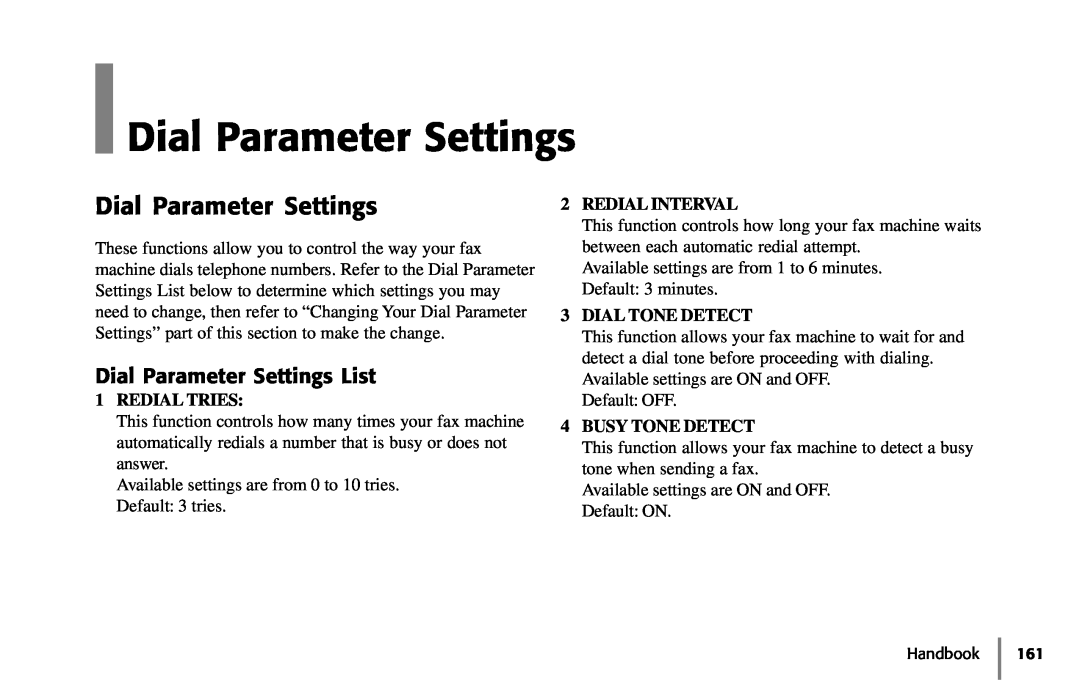 Samsung 5400 manual Dial Parameter Settings List, Redial Tries, Redial Interval, Dial Tone Detect, Busy Tone Detect 