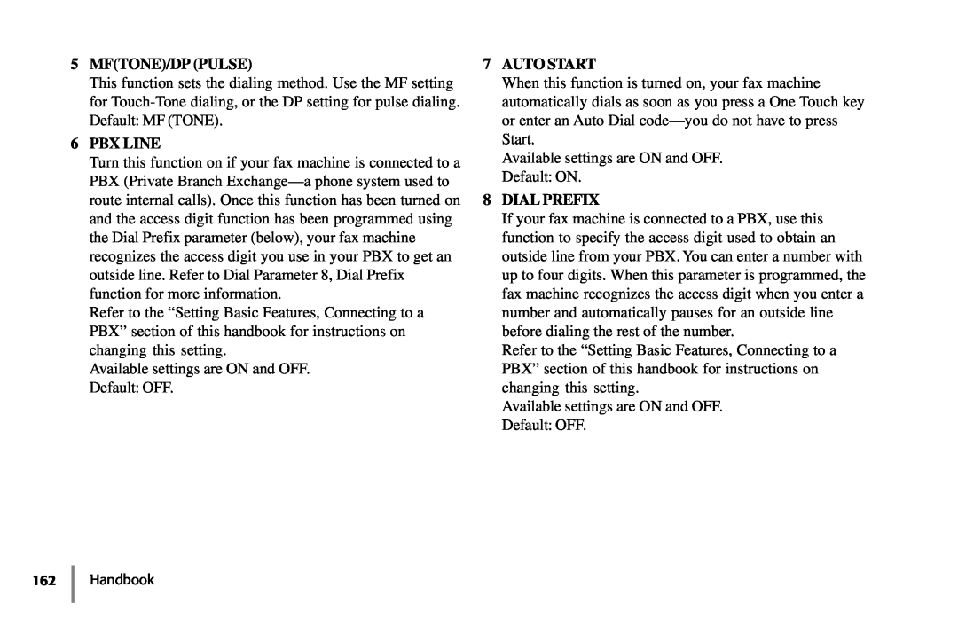 Samsung 5400 manual Mftone/Dp Pulse, Pbx Line, Auto Start, Dial Prefix, Handbook 