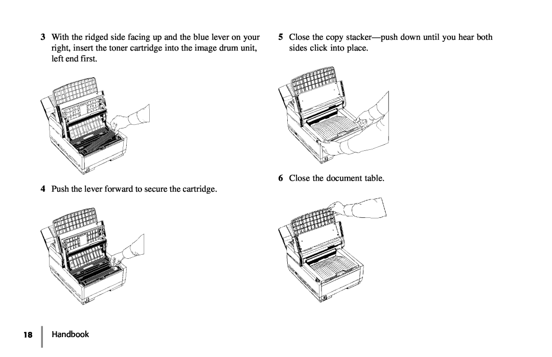 Samsung 5400 manual Push the lever forward to secure the cartridge, Close the document table, Handbook 