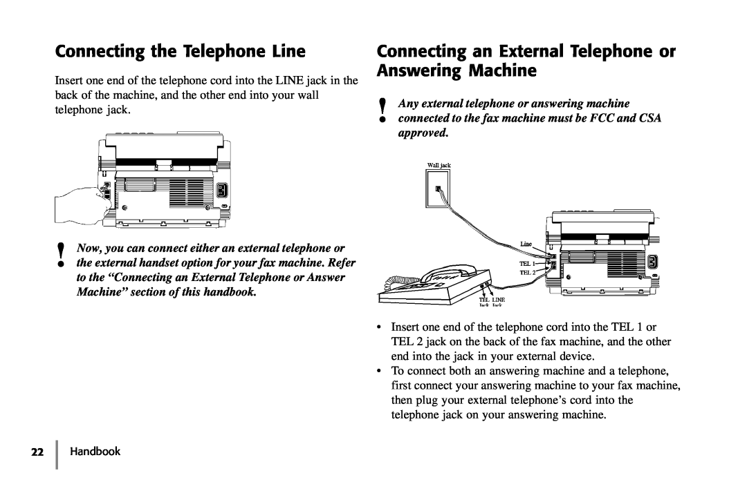 Samsung 5400 manual Connecting the Telephone Line, Connecting an External Telephone or Answering Machine, approved 