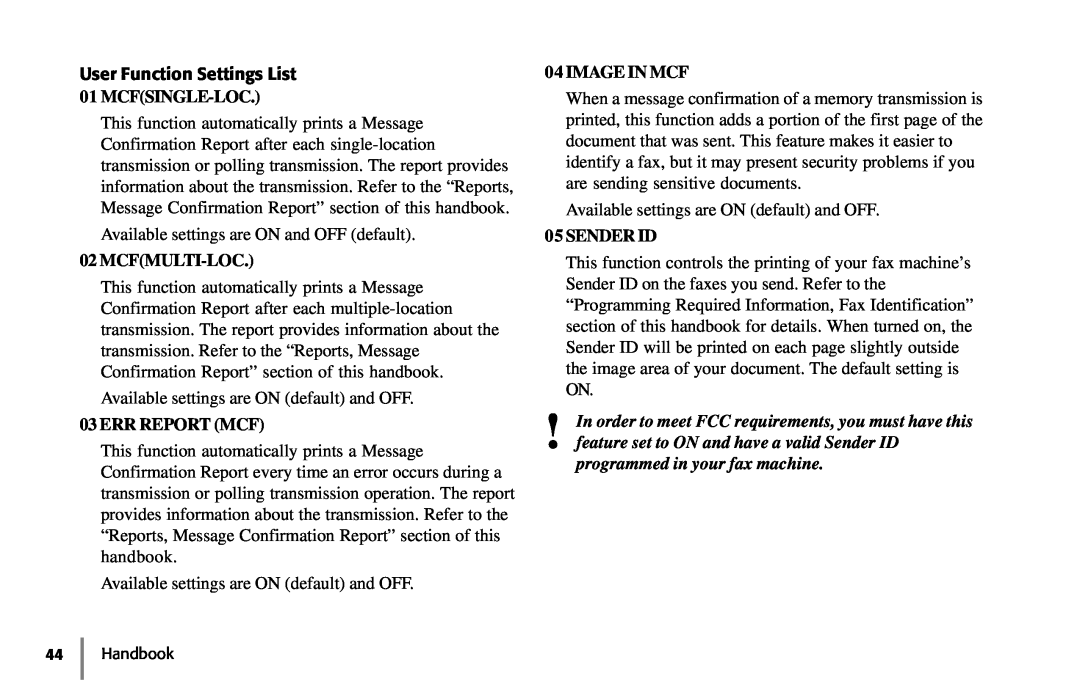 Samsung 5400 manual Mcfsingle-Loc, Mcfmulti-Loc, Err Report Mcf, Image In Mcf, Sender Id, programmed in your fax machine 