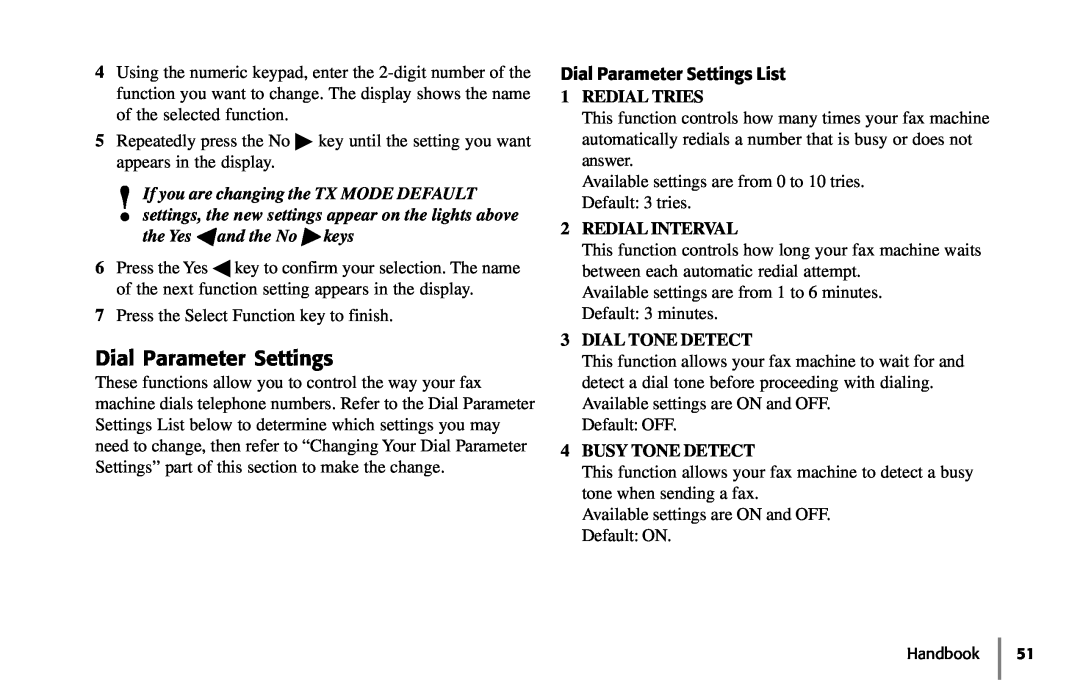 Samsung 5400 manual Dial Parameter Settings, Redial Tries, Redial Interval, Dial Tone Detect, Busy Tone Detect 
