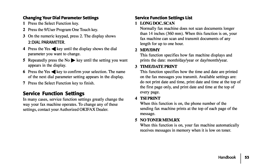 Samsung 5400 manual Service Function Settings, Long Doc. Scan, 2 MDY/DMY, Time/Date Print, Tsi Print, No Toner Mem.Rx 