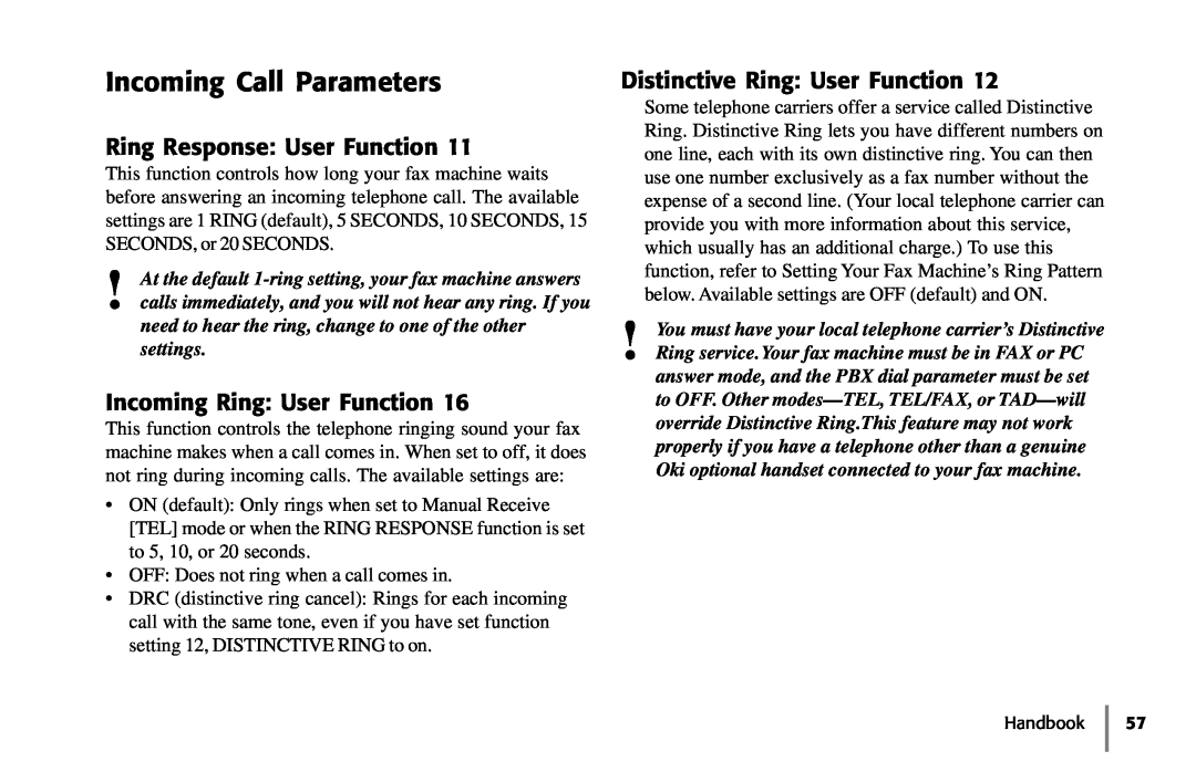 Samsung 5400 manual Incoming Call Parameters, Ring Response User Function, Incoming Ring User Function 